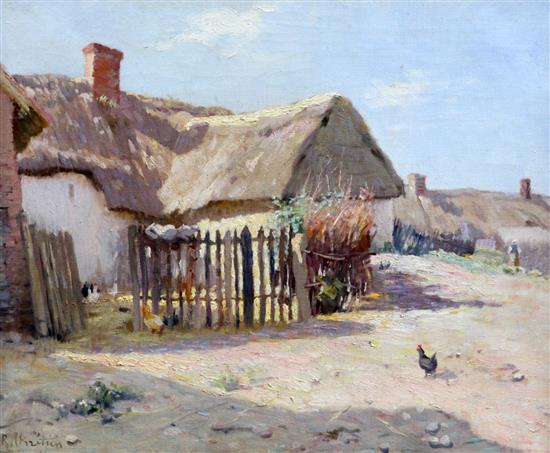 Rene-Louis Chretien (1867-1942) Chickens beside a thatched farmhouse, 15 x 18in.